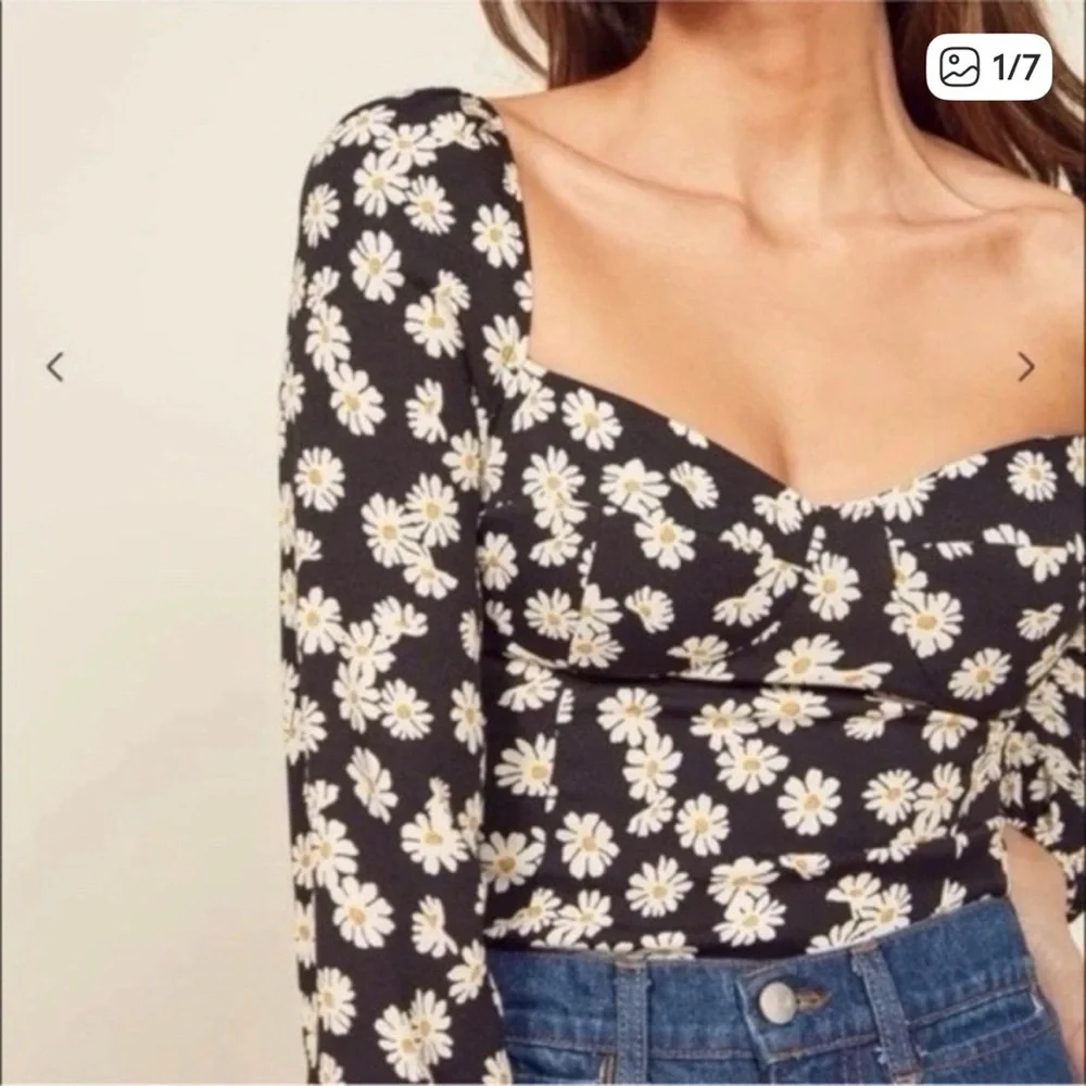 Reformation Reign Daisy Top Black Floral Puff Sleeve Crop Top Size 0